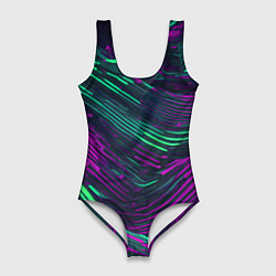 Купальник-боди 3D женский Волнистые линии зелёные и фиолетовые, цвет: 3D-принт