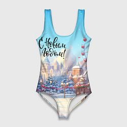 Купальник-боди 3D женский С новым годом новогодний город, цвет: 3D-принт