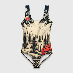 Женский купальник-боди Новогодний лес с узорами