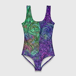 Женский купальник-боди Вьющийся узор фиолетовый и зелёный