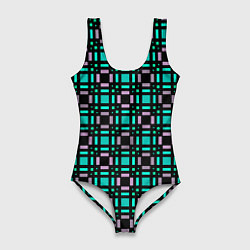 Женский купальник-боди Зелено-сиреневый с черный клетчатый узор