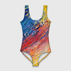 Купальник-боди 3D женский Смешение масляных красок синий жёлтый красный живо, цвет: 3D-принт