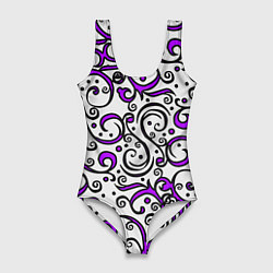 Купальник-боди 3D женский Фиолетовые кружевные узоры, цвет: 3D-принт