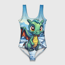 Купальник-боди 3D женский Зеленый дракошка в городе, цвет: 3D-принт