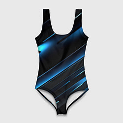 Женский купальник-боди Черный абстрактный фон и синие неоновые вставки
