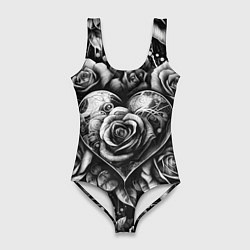Женский купальник-боди Черно белое сердце и розы