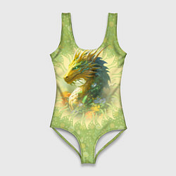 Купальник-боди 3D женский Зеленый дракон на цветочной поляне, цвет: 3D-принт