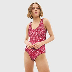 Купальник-боди 3D женский Красно-розовый мандала, цвет: 3D-принт — фото 2