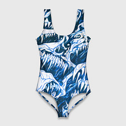 Купальник-боди 3D женский Белые клыки на синем фоне, цвет: 3D-принт