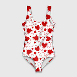 Купальник-боди 3D женский Красные сердечки на белом фоне, цвет: 3D-принт