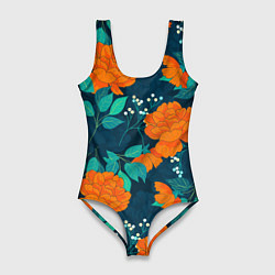 Женский купальник-боди Паттерн с оранжевыми цветами