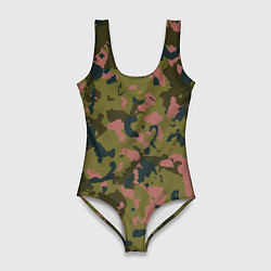 Женский купальник-боди Камуфляжный паттерн зеленый с розовыми пятнами