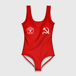 Купальник-боди 3D женский СССР гост три полоски на красном фоне, цвет: 3D-принт