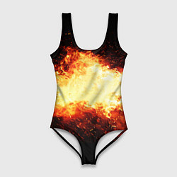 Купальник-боди 3D женский Огненное пламя на черном фоне, цвет: 3D-принт