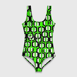 Купальник-боди 3D женский Техно узор из шестиугольников зелёный, цвет: 3D-принт
