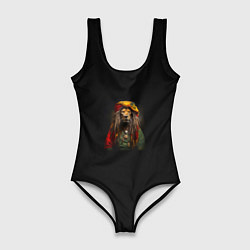 Женский купальник-боди Лев хиппи с дредами на черном фоне