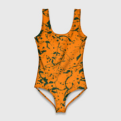 Женский купальник-боди Оранжевый с брызгами зеленой краски