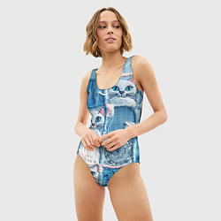 Купальник-боди 3D женский Кошки на пэчворк джинсах паттерн, цвет: 3D-принт — фото 2