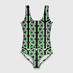 Женский купальник-боди Бело-зелёные треугольники на чёрном фоне