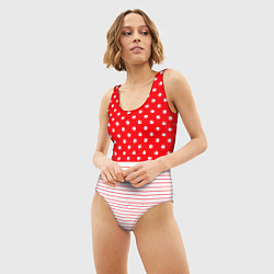 Купальник-боди 3D женский Красно-белый в горошек с полосами, цвет: 3D-принт — фото 2