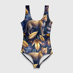 Купальник-боди 3D женский Леопард с золотыми листьями паттерны, цвет: 3D-принт