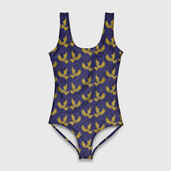 Купальник-боди 3D женский Золотые совы на фиолетовом - паттерн, цвет: 3D-принт