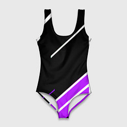 Купальник-боди 3D женский Бело-фиолетовые полосы на чёрном фоне, цвет: 3D-принт