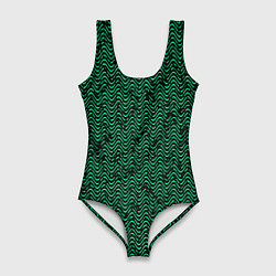 Купальник-боди 3D женский Чёрно-зелёный волнистая текстура, цвет: 3D-принт