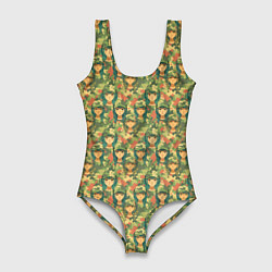 Купальник-боди 3D женский Камуфляжный узор с девушками в военной форме, цвет: 3D-принт