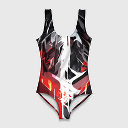 Женский купальник-боди Красная каменная абстракция и белая полоса