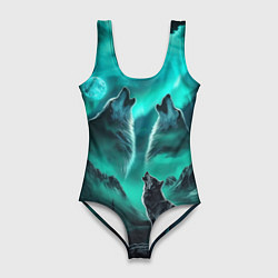 Женский купальник-боди Волки воют на луну и северное сияние