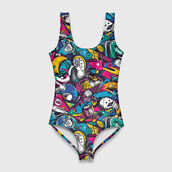 Купальник-боди 3D женский Граффити спортивные принадлежности, цвет: 3D-принт