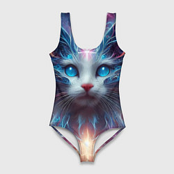 Купальник-боди 3D женский Fantastic blue-eyed neon kitten, цвет: 3D-принт