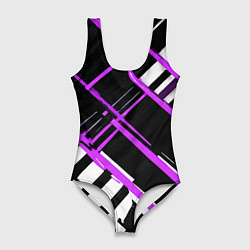 Купальник-боди 3D женский Фиолетово-белые линии на чёрном фоне, цвет: 3D-принт