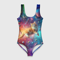 Купальник-боди 3D женский Рыжий космический котёнок - неоновое свечение, цвет: 3D-принт