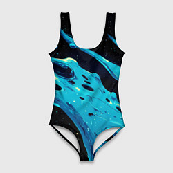 Купальник-боди 3D женский Синие волны краски на черном, цвет: 3D-принт
