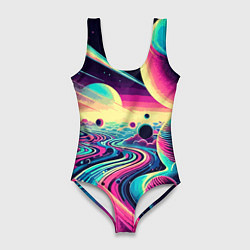 Купальник-боди 3D женский Неоновый разноцветный космос, цвет: 3D-принт