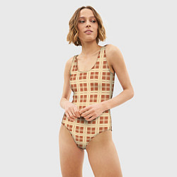 Купальник-боди 3D женский Светлый коричневый простая клетка, цвет: 3D-принт — фото 2