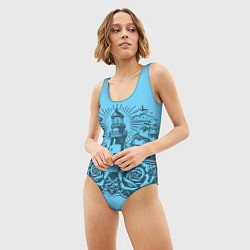 Купальник-боди 3D женский Маяк с розами и кораблем, цвет: 3D-принт — фото 2