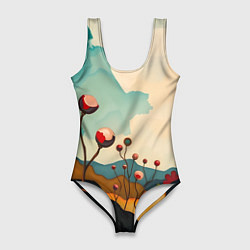 Женский купальник-боди Сюрреалистичный пейзаж с цветами