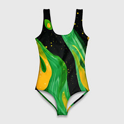 Женский купальник-боди Зелено-желтая краска на черном