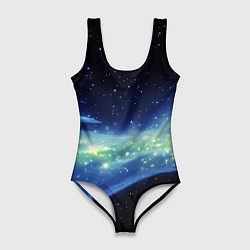 Женский купальник-боди Синяя волна с зеленым оттенком на черном