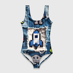 Купальник-боди 3D женский Космический пиксельный корабль, цвет: 3D-принт