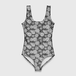 Женский купальник-боди Белые ромашки на клетчатом черно белом фоне