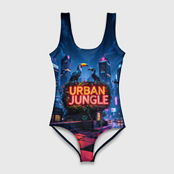 Купальник-боди 3D женский Городские здания зеленые растения и попугаи, цвет: 3D-принт