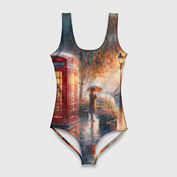 Купальник-боди 3D женский Красная телефонная будка на набережной, цвет: 3D-принт