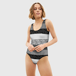 Купальник-боди 3D женский Черно белый полосатый узор из лоскутов, цвет: 3D-принт — фото 2