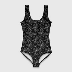Купальник-боди 3D женский Цветочный рисунок пером на черном, цвет: 3D-принт