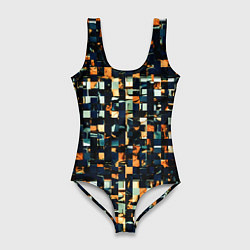 Женский купальник-боди Тёмный синий с оранжевым кубики абстракция