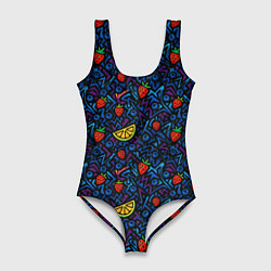 Купальник-боди 3D женский Лимон и клубника паттерн, цвет: 3D-принт